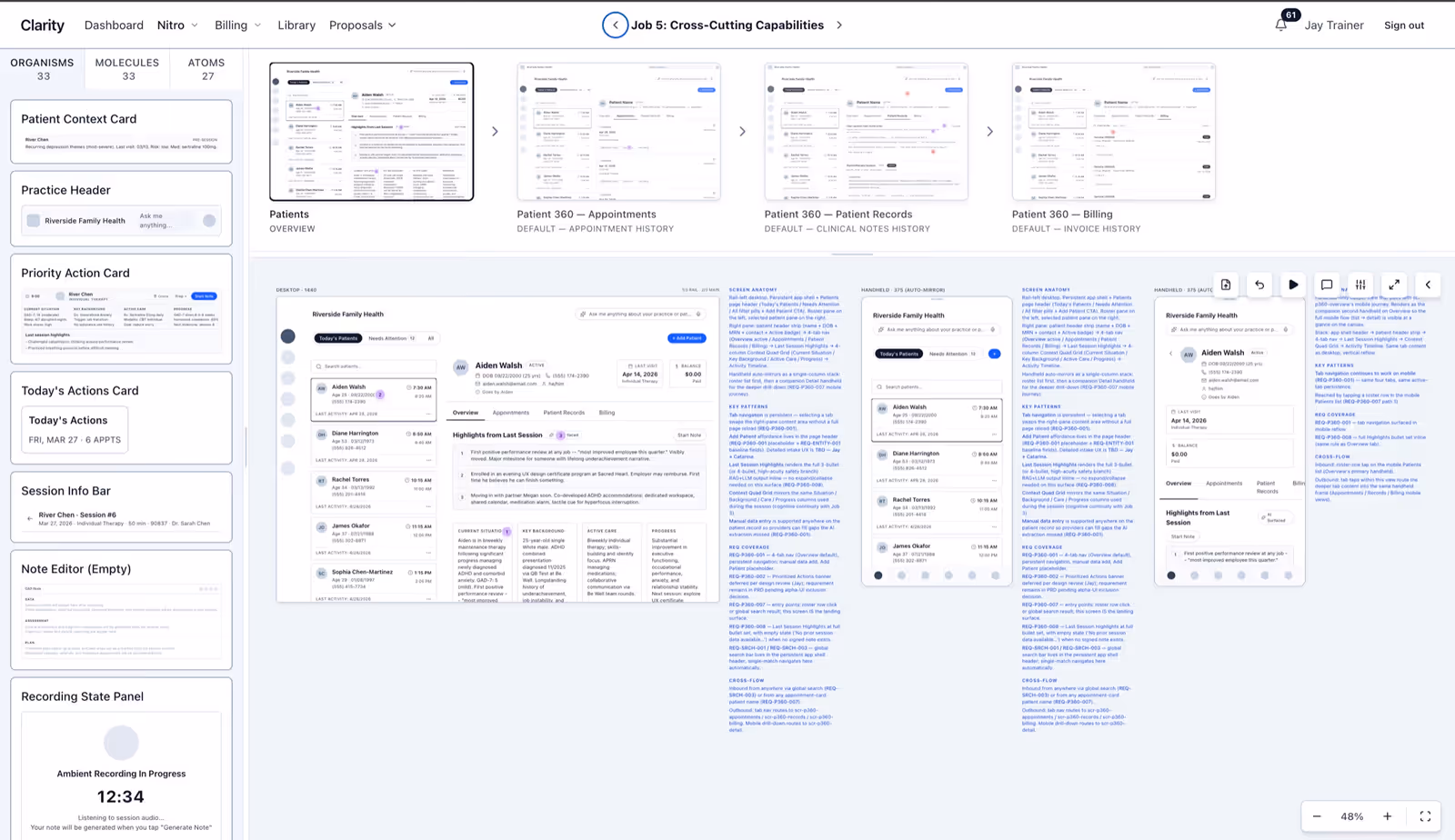 Clarity component atlas showing reusable organisms, molecules, atoms, desktop screens, handheld mirrors, and screen anatomy notes.