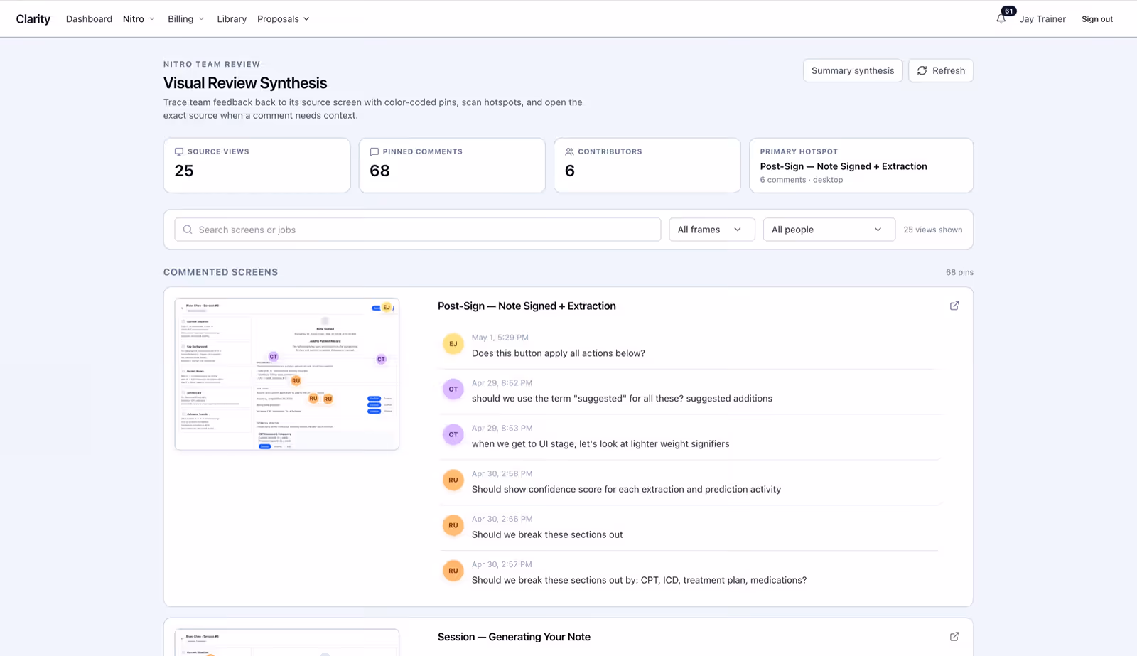 Clarity Visual Review Synthesis dashboard with source views, pinned comments, contributors, and commented screens.